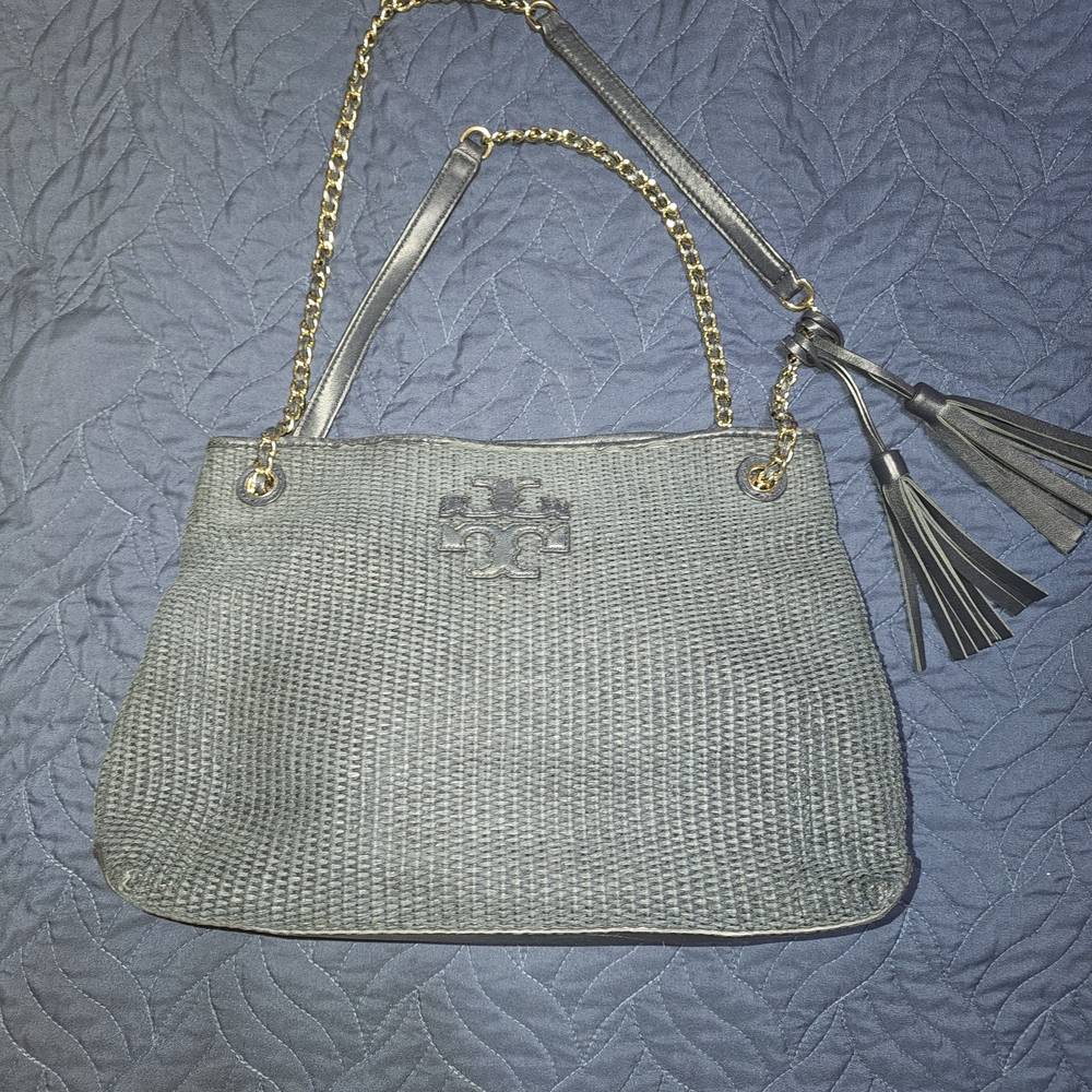 Tory Burch Thea Navy Blue  Woven Shoulder Bag Great Condition